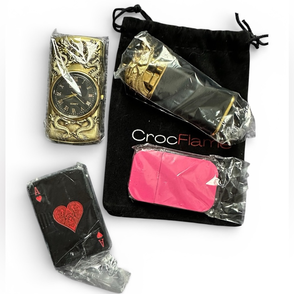 💚3/$30💚Lighters LOT of 4 clock playing cards pink flame dragon windproof butane